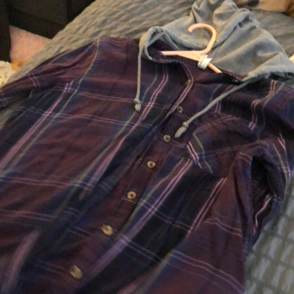Purple Plaid Button-Up Shirt with Hood